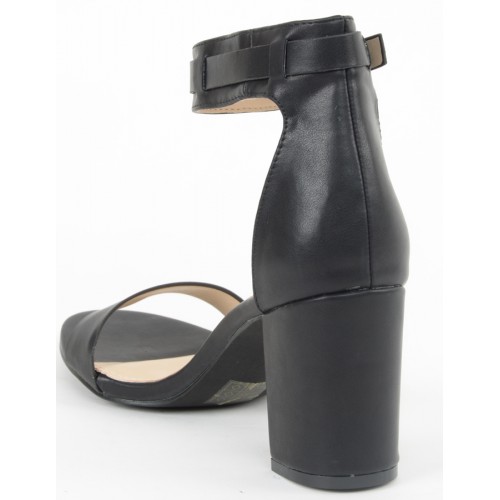 Estatos Matte Leather Ankle Strap Block High Heeled Black Sandals